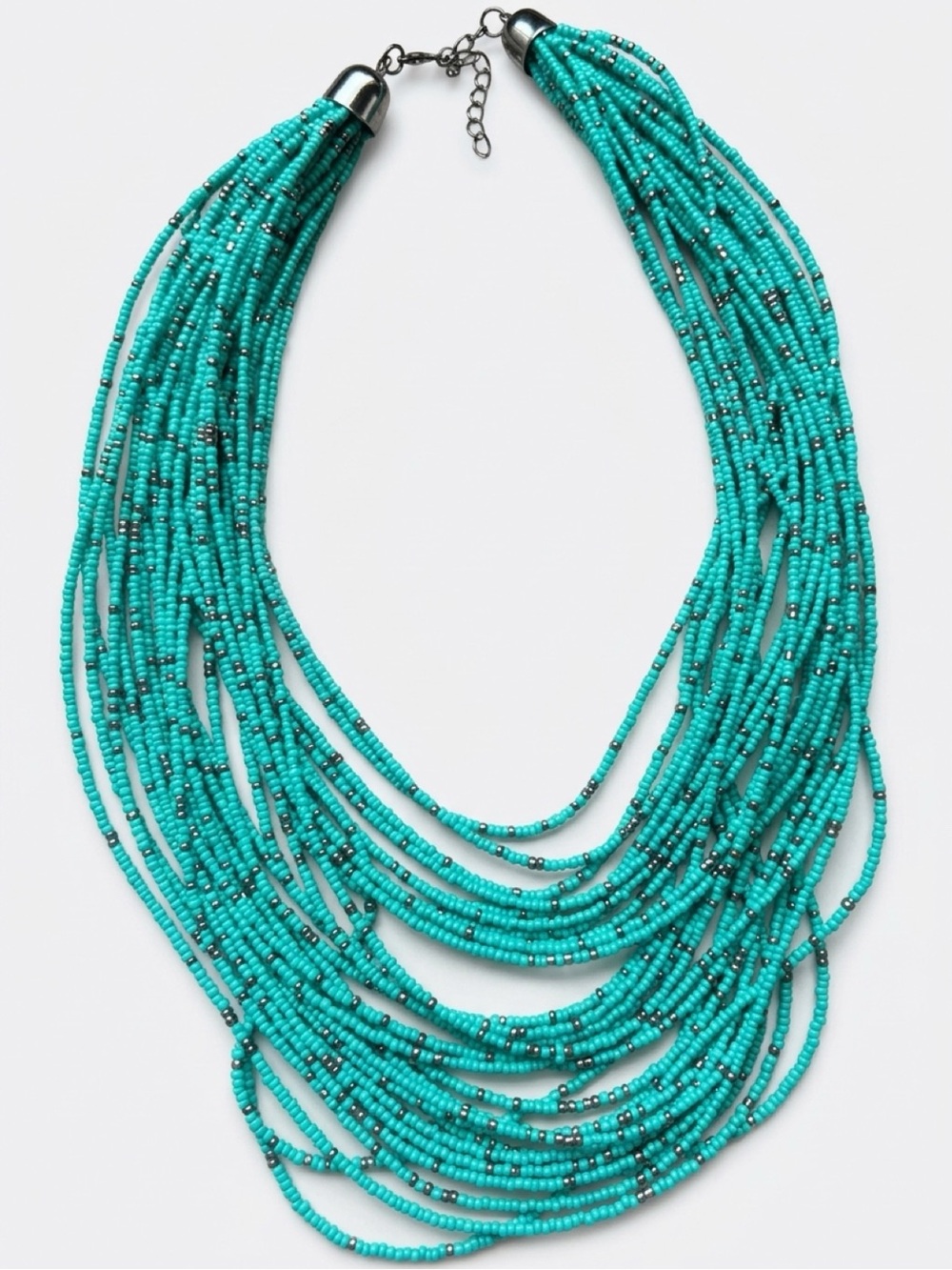 Turquoise Multi Strand Seed Bead Statement Necklace Silver Tone Boho Bib